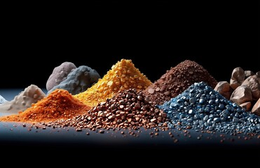 Assortment of metallic ores and minerals including gold, copper, iron, bismuth piled on dark surface, industrial raw materials resource concept for manufacturing and geology.​
