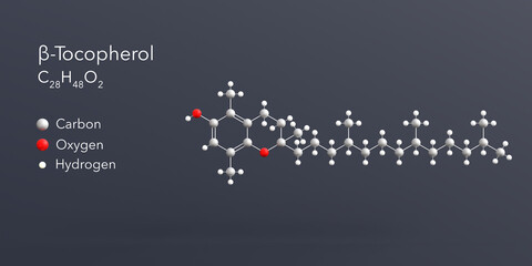 β-tocopherol molecule 3d rendering, flat molecular structure with chemical formula and atoms color coding