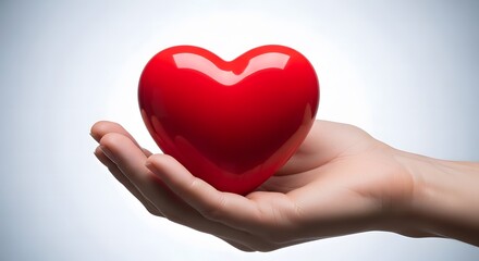 Obraz premium Symbol of Affection Gentle Hand Presenting a Vibrant Red Heart, Expressing Love and Care in a Soft, Emotional Gesture on a Clean Background