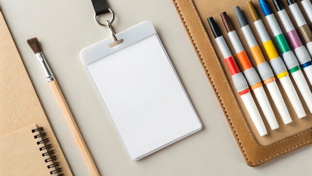 A blank white ID badge prominently displayed on a spiral notebook, surrounded by art supplies like colored pencils, markers, and brushes, on a wooden surface