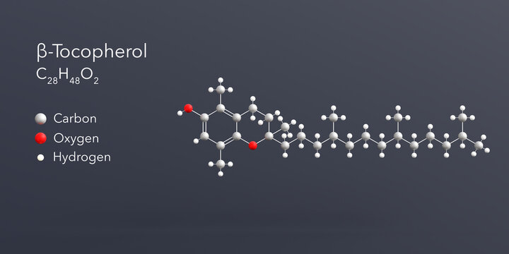&beta;-tocopherol molecule 3d rendering, flat molecular structure with chemical formula and atoms color coding