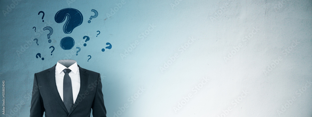 Poster businessman with question mark icons instead of head on blue background symbolizing confusion, decis