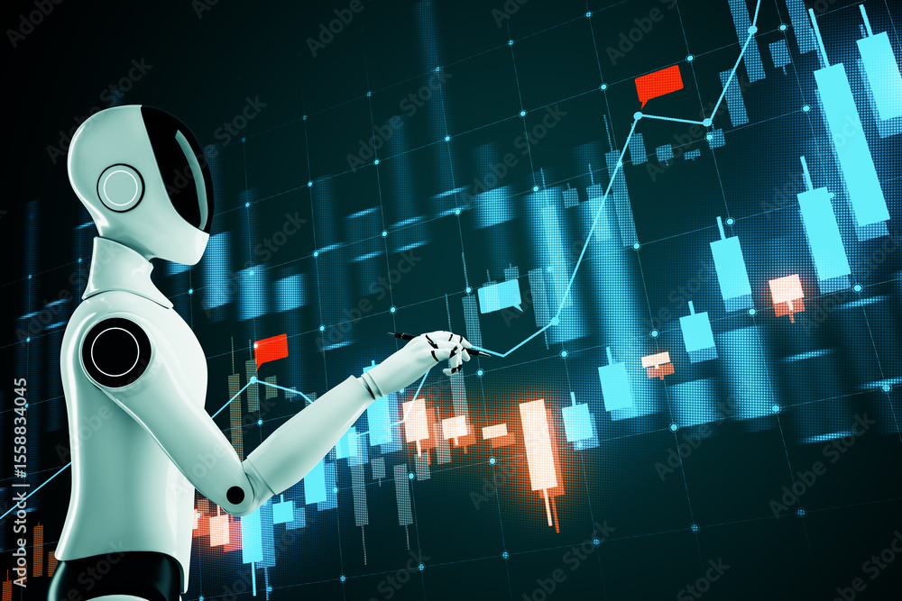 Poster Futuristic humanoid robot analyzing financial stock chart on virtual screen representing AI-powered fintech trading and investment automation concept. 3D Rendering
