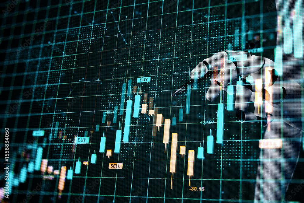 Poster Futuristic robotic hand interacting with digital stock trading data on a high-tech grid screen for virtual financial analysis concept. 3D Rendering
