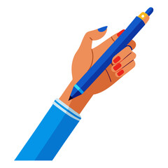 Illustration of a female hand holding a blue pen isolated on white created in vector format for