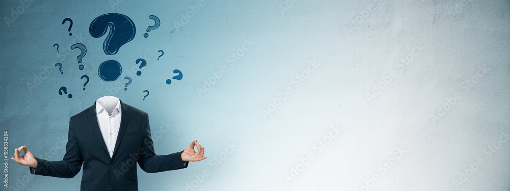 Poster Businessman in suit with head replaced by floating question marks on gradient blue background, symbolizing confusion or brainstorming concept.