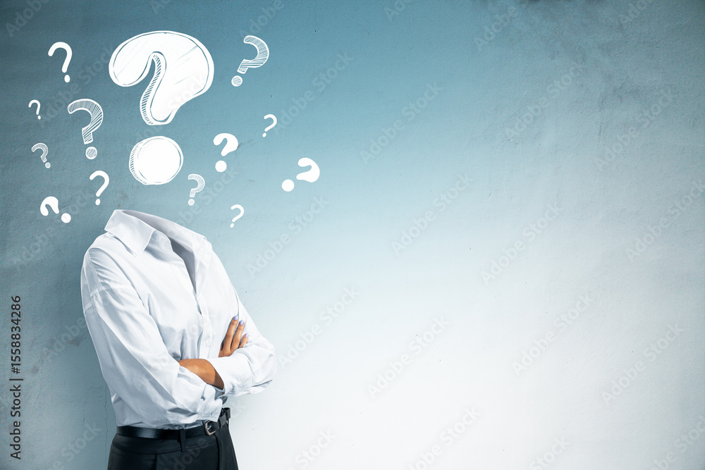 Poster woman with question mark head surrounded by sketched symbols on bright gradient wall, representing c