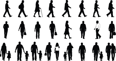 Human Silhouette Collection, People Walking and Standing in Urban Scenes, Family Interaction, Everyday Life Poses, City Commuters, Crowd Variety, Social Diversity, Outdoor Moments