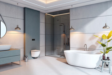 Modern luxury bathroom interior with stylish bathtub, glass shower, soft lighting, and minimalist decor in cozy, exclusive home setting. 3D Rendering