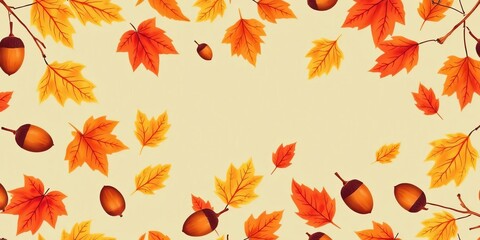 Autumn leaves and acorns seamless pattern in warm tones,  chestnut leaf,  foliage