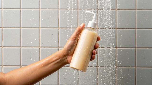 A hand holding a pump bottle of shampoo or conditioner under a steady stream of shower water, against a background of gray tiled walls. Ideal for themes of personal hygiene, hair care