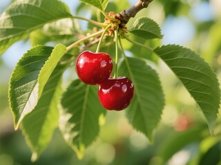 Fresh and Ripe Cherries on a Tree Branch