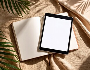 Notebook and iPad on Beige Fabric Mat with Light Shadow and Palm Leaf