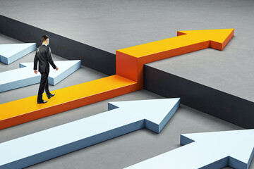 Businessman walking on upward orange arrow breaking through barrier toward success on gray...