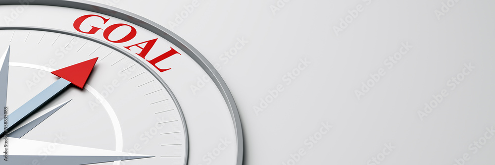 Poster red arrow on a grey compass pointing to the word 