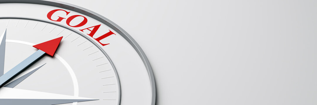 Red arrow on a grey compass pointing to the word "GOAL" symbolizing direction, leadership, and business strategy on a modern white background. 3D Rendering