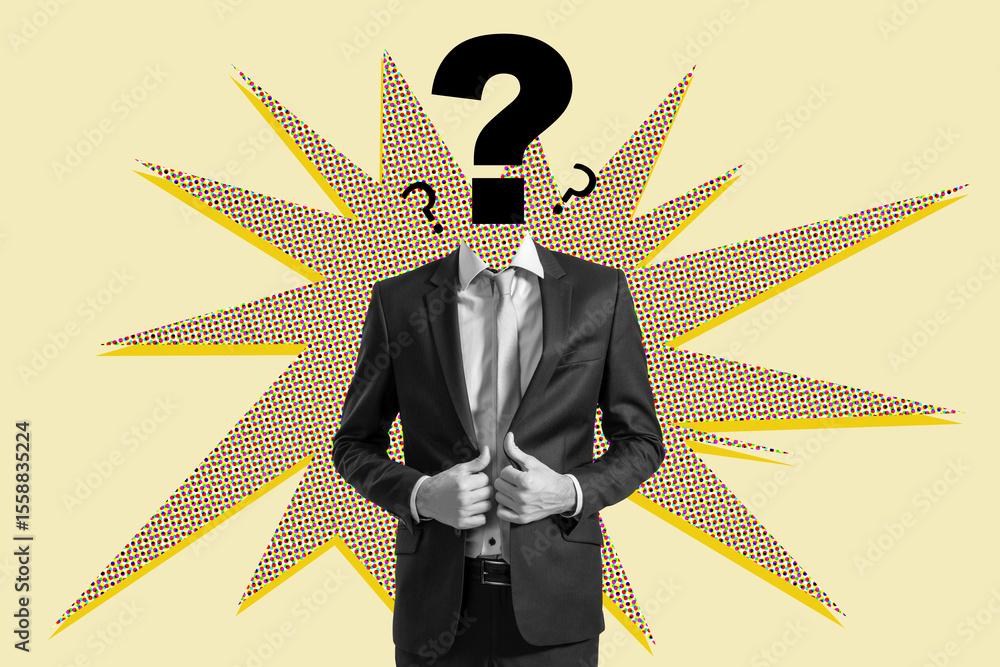 Poster Businessman with question mark head on colorful comic-style background symbolizing curiosity and problem-solving in corporate environment.