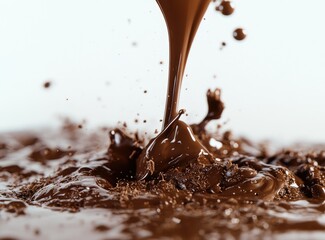 Fototapeta premium Melted chocolate pouring and splashing, creating dynamic texture and rich brown color.