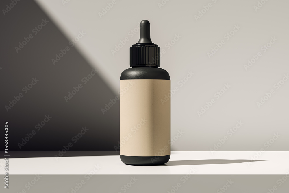 Poster dropper bottle mockup with blank beige label for cosmetic or medical branding on clean modern backgr
