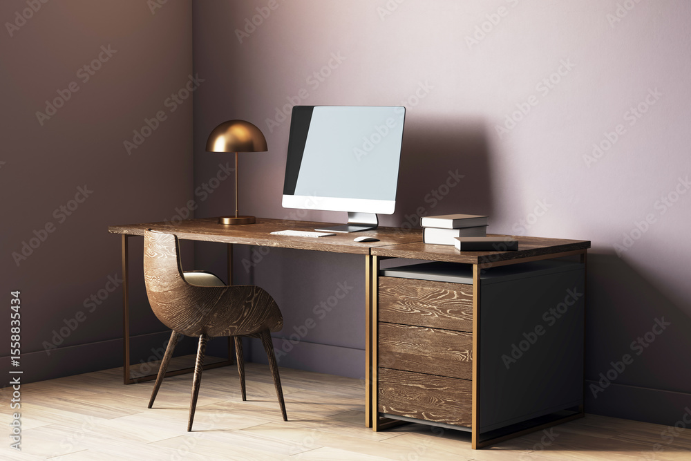 Poster modern wooden desk workspace with blank computer screen, books, and lamp in cozy home office interio