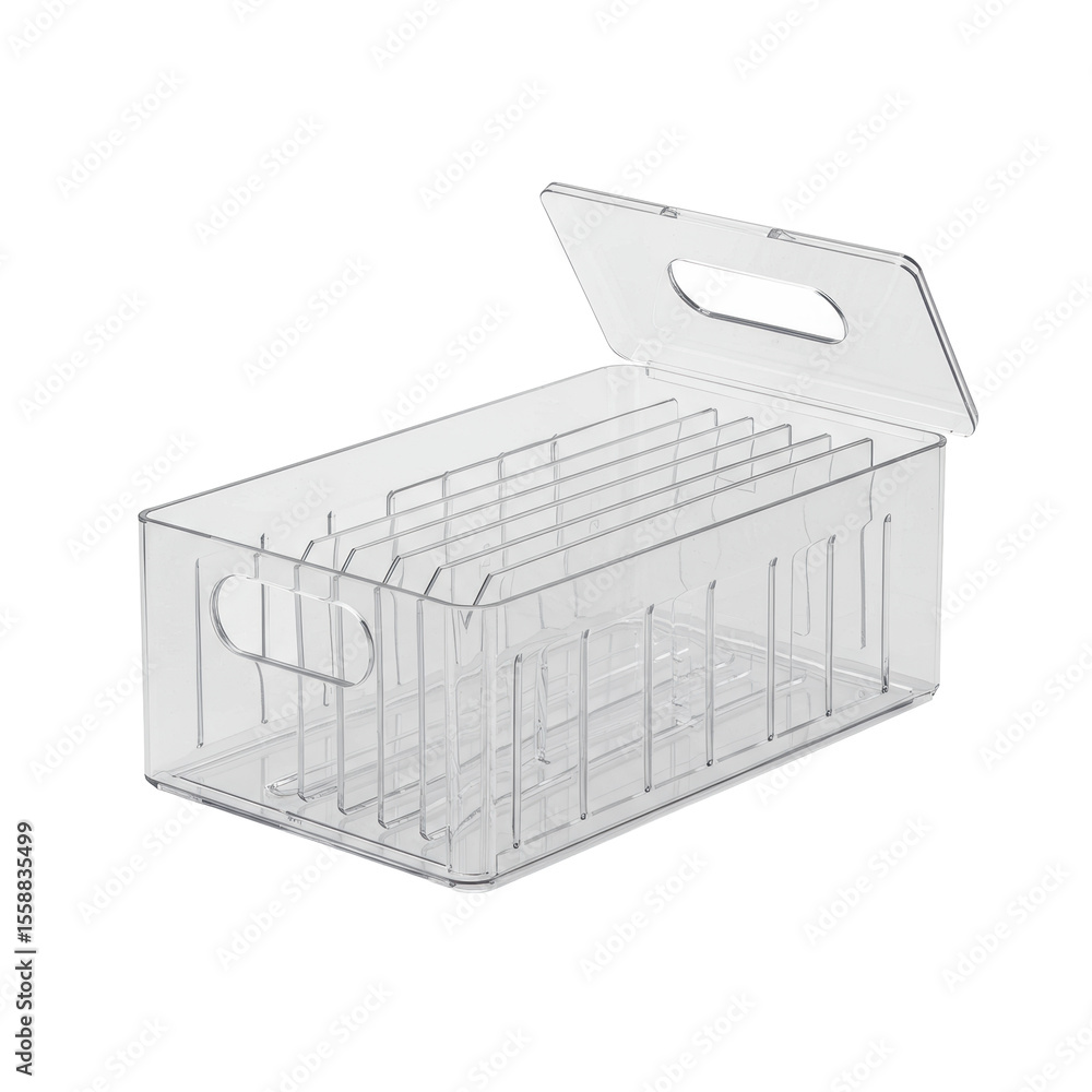 Aufkleber empty, transparent plastic file crate with an open top and internal structure for hanging folders, s