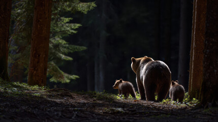 A Bear Family a Mother and Two Cubs on a Walk in the Woods