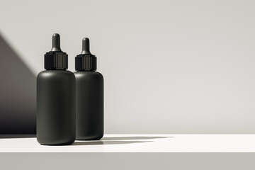 Two black dropper bottles mockup on white surface with light and shadow for cosmetic or medical branding presentation template design. 3D Rendering