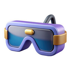Stylized 3d render of a futuristic purple virtual reality headset with gold accents isolated on transparent background