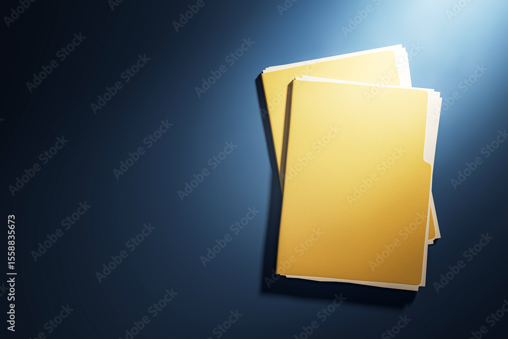 Poster two yellow document folders on dark blue desk under spotlight, top view mockup for business template
