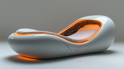 Futuristic relaxation lounge featuring smooth curves and ambient lighting, perfect for modern wellness spaces