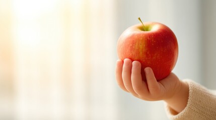 Child holding red apple indoors