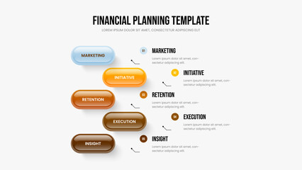 Corporate Launch Five Option Diagram Slideshow Template. Marketing Planning 5 Element Infographic Slide Design. Enterprise Performance Frame Layout Vector Illustration.