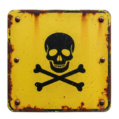 Weathered and rusty yellow square warning sign featuring a black skull and crossbones symbol indicating danger or poison isolated on transparent background