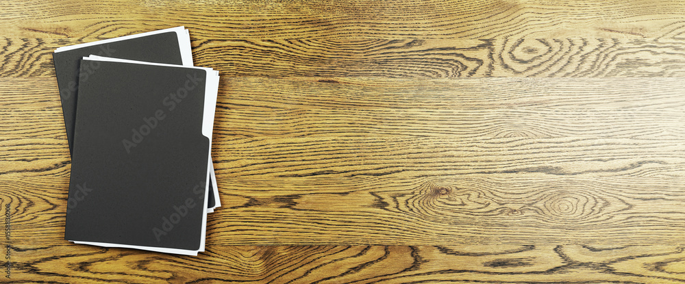 Poster Black document folders on wooden desk with copy space for business or office presentation mockup template from top view perspective. 3D Rendering