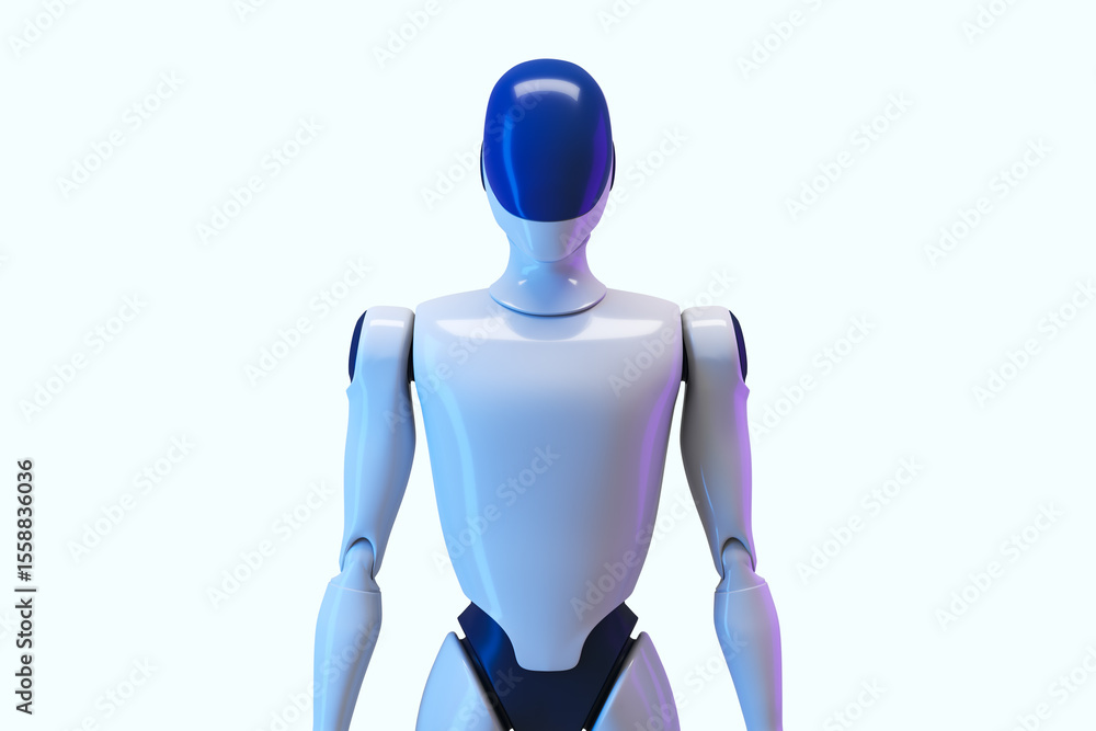 Poster Futuristic humanoid robot front view with sleek design on clean gradient background for technology innovation branding concept mockup template. 3D Rendering