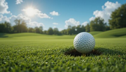 White golf ball on a tee or resting on the green grass of a summer golf course, ready for play under the blue sky