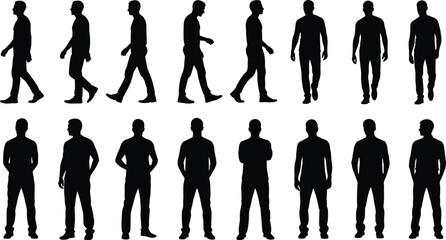 Silhouette, men, walking, standing, different poses, isolated, white background, vector illustration, human posture, motion graphics, male form, stock design, editable templ