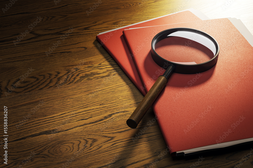 Poster Magnifying glass on red confidential folders placed on dark wooden desk under spotlight viewed from top with luxury business investigation concept.. 3D Rendering