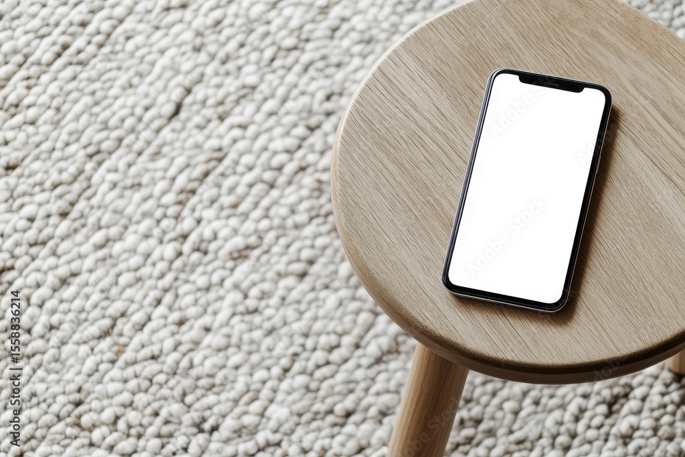 Poster minimalist mobile phone on rustic wooden table with open space for creative mockup