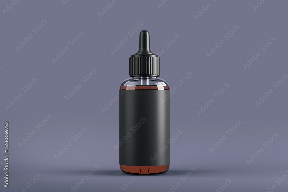 Aufkleber Black dropper bottle with blank label mockup on dark gradient background for cosmetic or medical branding presentation and product design template. 3D Rendering