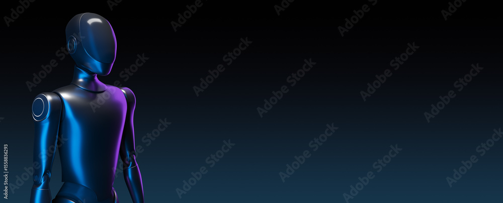 Poster Futuristic humanoid robot with sleek design and glowing blue-purple lighting on dark gradient background for innovation and tech mockup template. 3D Rendering