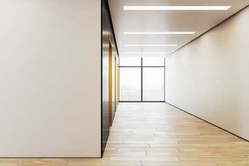 Modern empty corridor with wood flooring and large window overlooking cityscape in luxury office building interior with clean white walls and ceiling. 3D Rendering