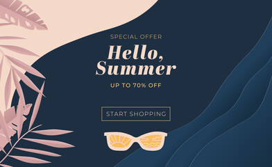Summer sale design with paper tropical leaves background. Vector illustration template. 