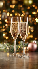 two glasses of champainge isolated over christmas tree lights background; concept of holiday / new year eve gathering and festive celebration