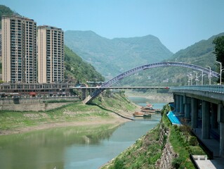 Fototapeta premium Chinese hillside village, traditional houses, Han River valley