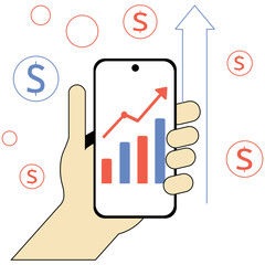 Vector-Style Financial Growth Illustration With Hand Holding Smartphone Showing Increasing Stock Graph, Featuring Dollar Signs, Analytics Icons, and a Flat Modern Design