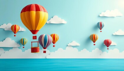 Fototapeta premium Colorful paper cut hot air balloons and clouds float over a calm blue sea under a bright sky, graphic, summer