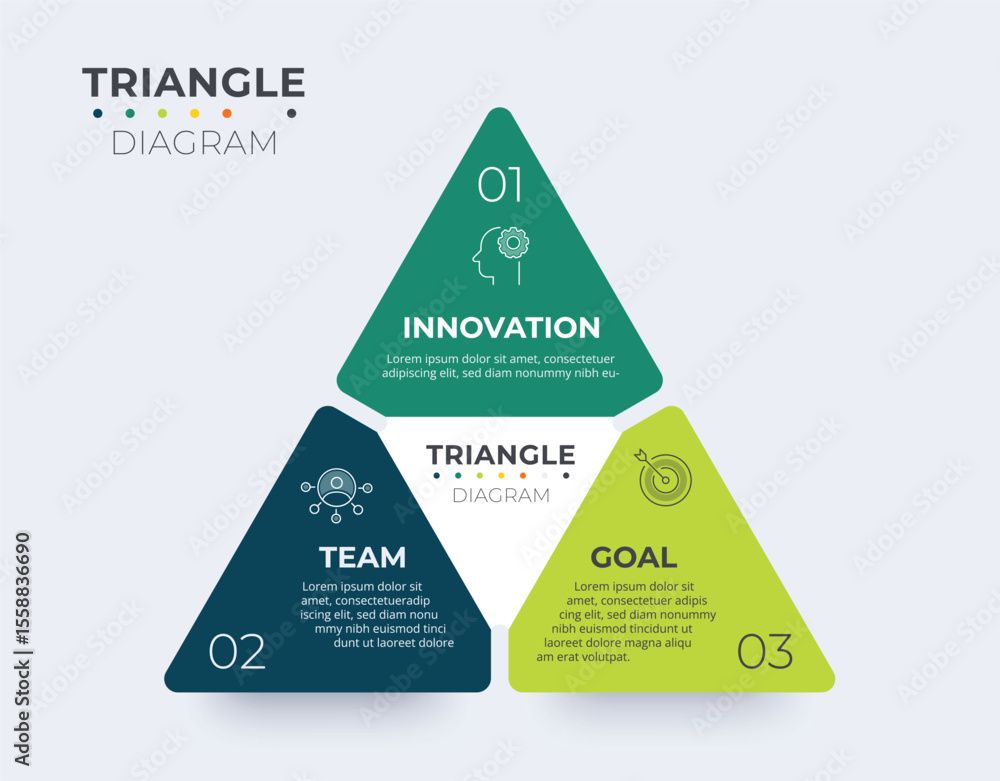 Poster triangle infographic 3 way chart. diagram information label with 3 option