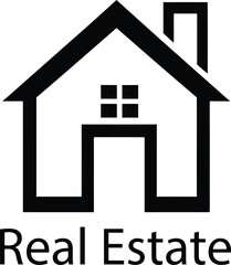 Real Estate Logo – Black-and-White House Icon with Chimney, Window, and Doorway for Property and Housing Branding