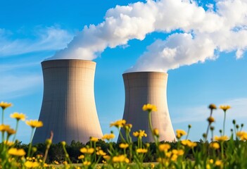 Cooling towers steam plumes rise against vibrant blue sky, framed by yellow wildflowers, juxtaposing nature and industry,  renewable energy,  summer
